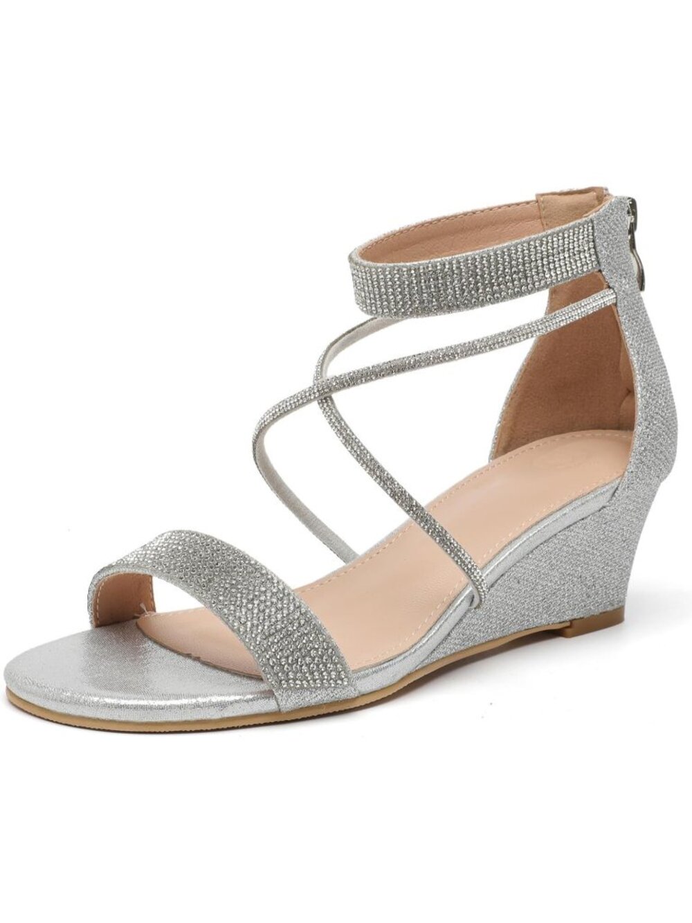 Women's Silver Open Toe Ankle Strap Glitter Rhinestones Low Wedge Heeled Sandals